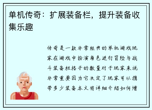 单机传奇：扩展装备栏，提升装备收集乐趣